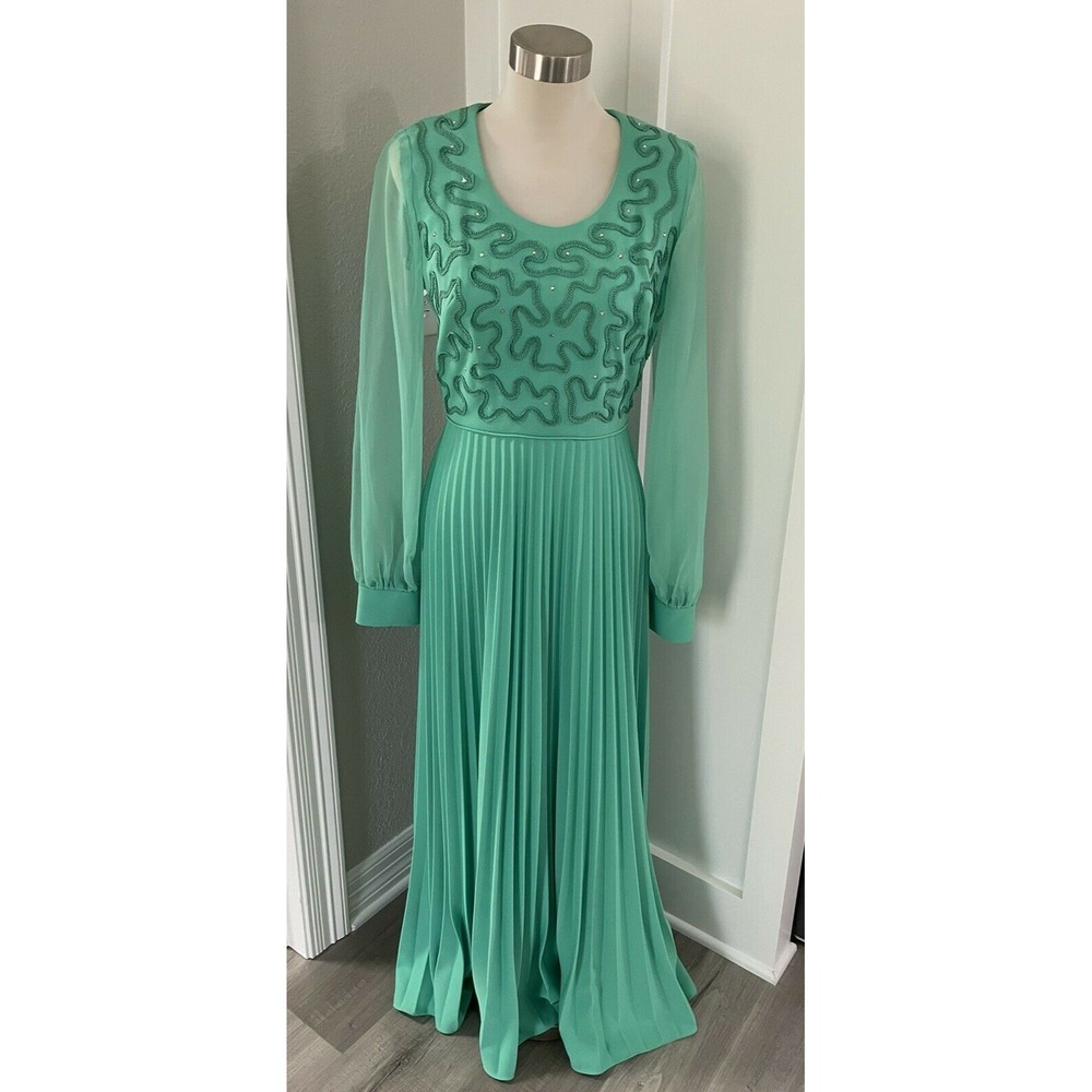 Vtg 70s Miss Rubette Long Dress Gown Green 12 Embellished Pleated Prom Evening